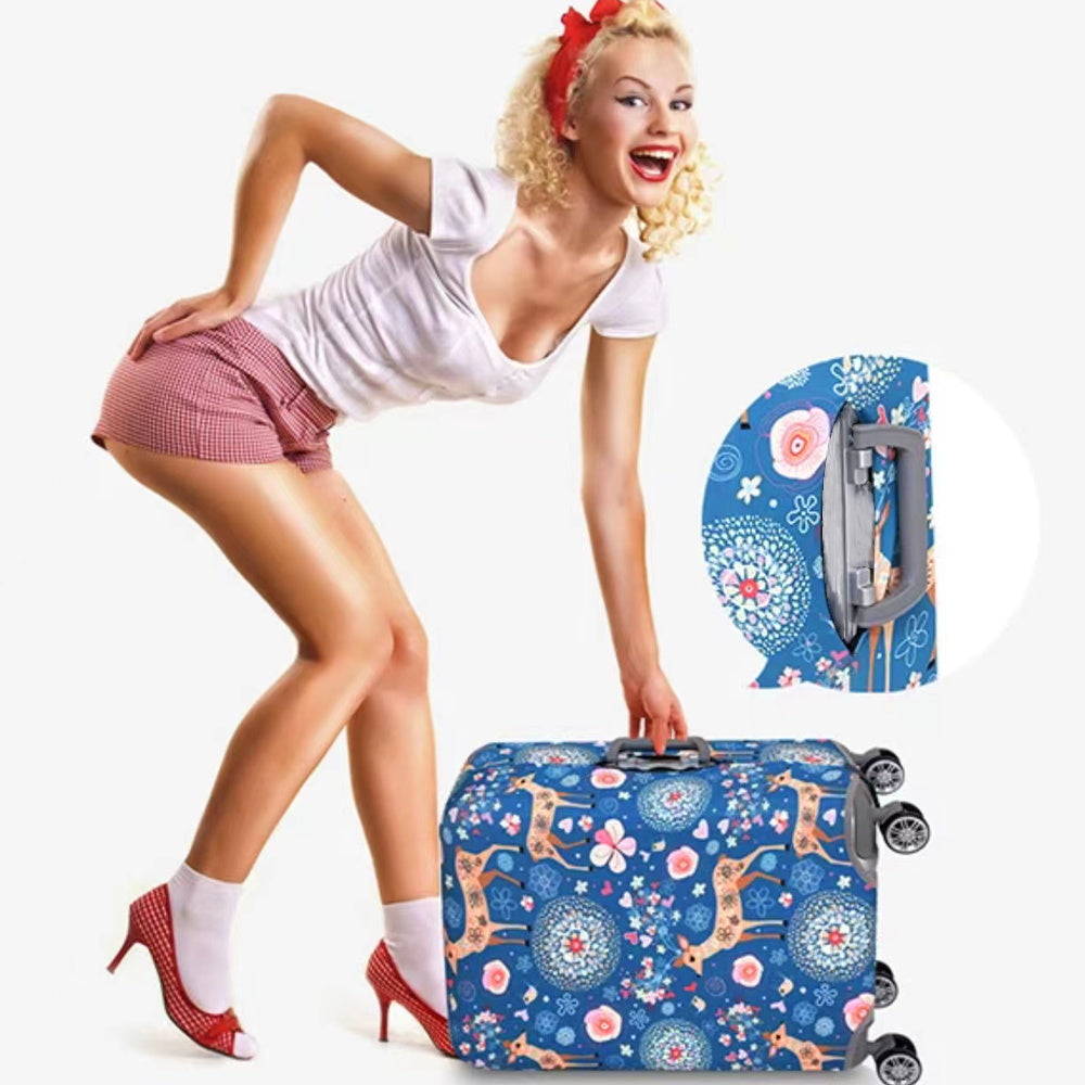 Cartoon patterned elastic luggage cover for travel suitcase or trolley duffle case.