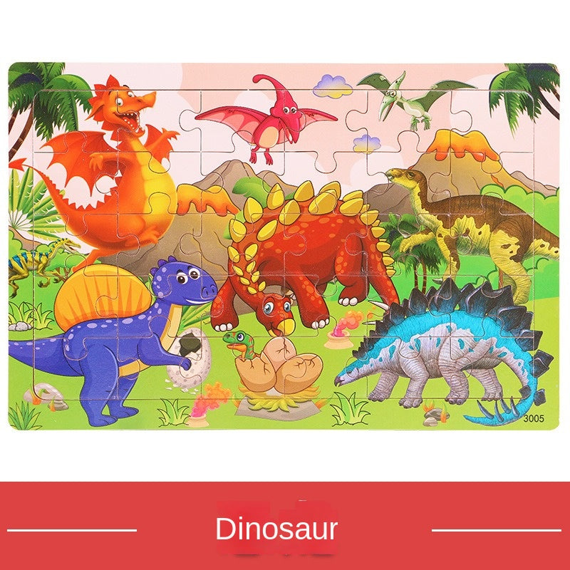 30-piece Wooden Dinosaur Puzzle for Kids - Educational Toy with Thick Bottom Map, Colorful Learning & Brain-Boosting Fun