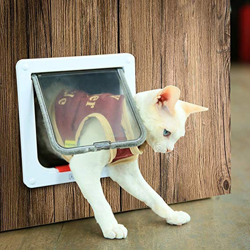 Four-way security lock cat flap and dog flap door made of ABS plastic for small pets. Perfect for cats, dogs, and kittens.