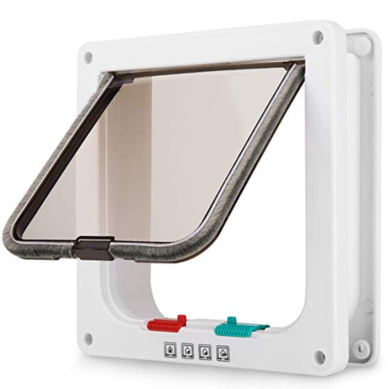 Four-way security lock cat flap and dog flap door made of ABS plastic for small pets. Perfect for cats, dogs, and kittens.