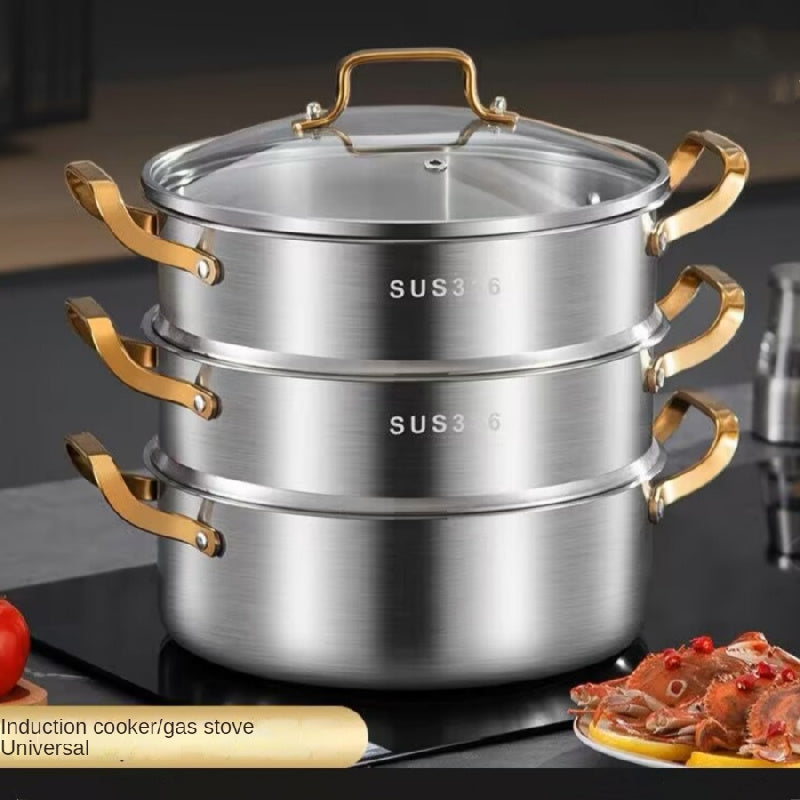 One Stainless Steel Pot Set including a Multifunctional Steamer, Household Thickened Three-layer Soup Pot, Hot Pot, Integrated Steaming Cooking Pot, Kitchen Pot, and other Cooking Utensils.