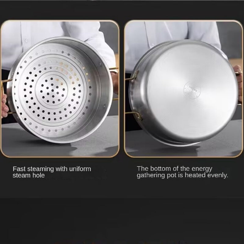 One Stainless Steel Pot Set including a Multifunctional Steamer, Household Thickened Three-layer Soup Pot, Hot Pot, Integrated Steaming Cooking Pot, Kitchen Pot, and other Cooking Utensils.