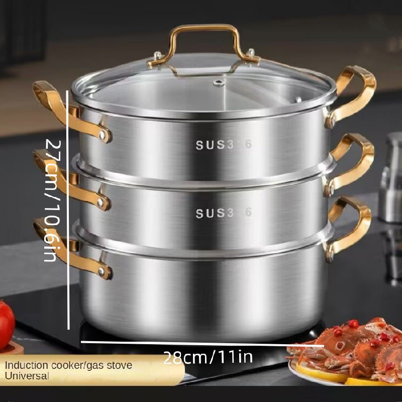 One Stainless Steel Pot Set including a Multifunctional Steamer, Household Thickened Three-layer Soup Pot, Hot Pot, Integrated Steaming Cooking Pot, Kitchen Pot, and other Cooking Utensils.