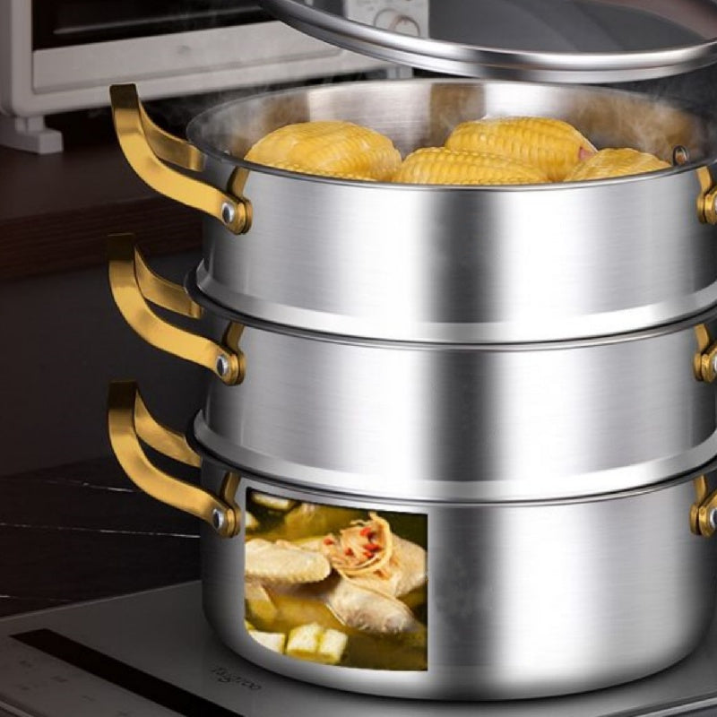 One Stainless Steel Pot Set including a Multifunctional Steamer, Household Thickened Three-layer Soup Pot, Hot Pot, Integrated Steaming Cooking Pot, Kitchen Pot, and other Cooking Utensils.