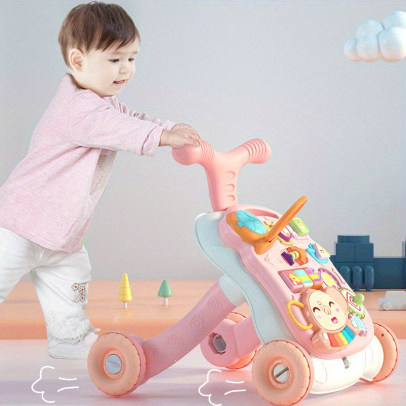 1 push walker toy set with music, gliding capabilities, anti-tumble feature, and multiple functions. Batteries not included. Color of internal toy accessories varies.