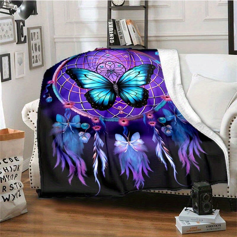 Get cozy with our 1pc Dreamy Purple Dreamcatcher Butterfly Blanket - a lightweight and soft flannel throw perfect for your sofa, bed, travel, camping, living room, office, couch, chair, and bed. This digital printing fleece blanket features a warm and