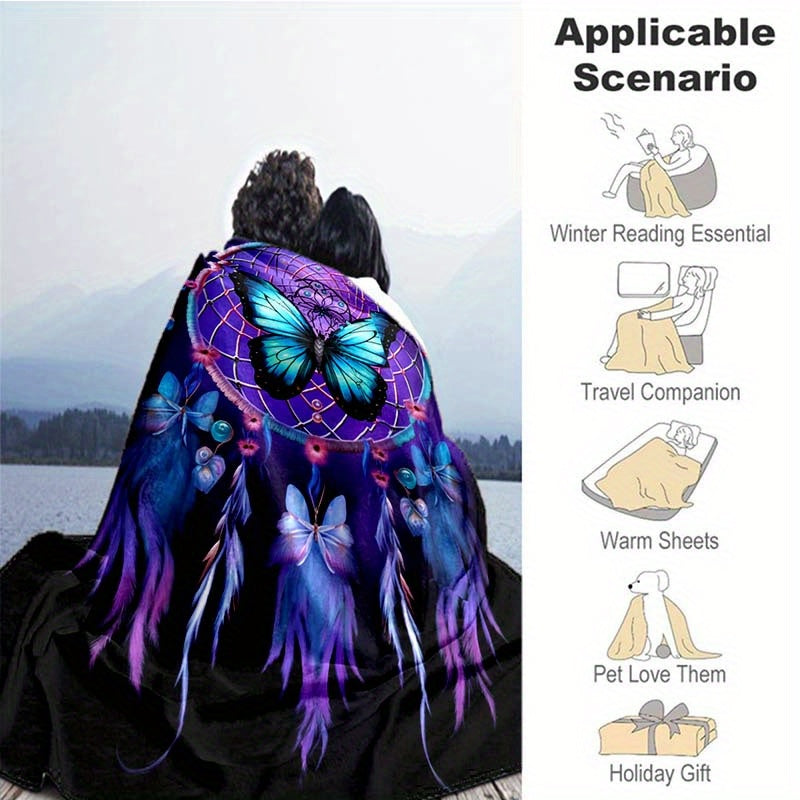 Get cozy with our 1pc Dreamy Purple Dreamcatcher Butterfly Blanket - a lightweight and soft flannel throw perfect for your sofa, bed, travel, camping, living room, office, couch, chair, and bed. This digital printing fleece blanket features a warm and