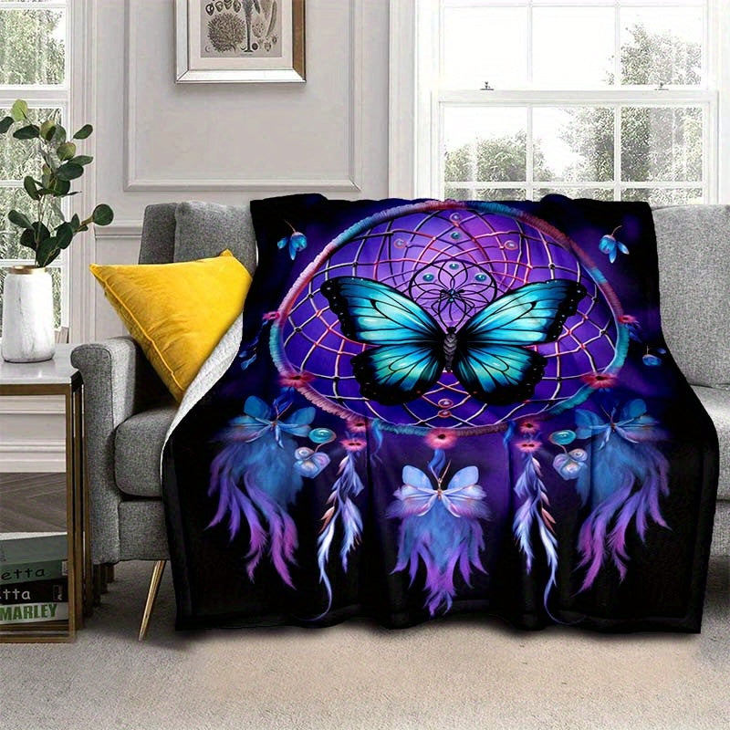 Get cozy with our 1pc Dreamy Purple Dreamcatcher Butterfly Blanket - a lightweight and soft flannel throw perfect for your sofa, bed, travel, camping, living room, office, couch, chair, and bed. This digital printing fleece blanket features a warm and