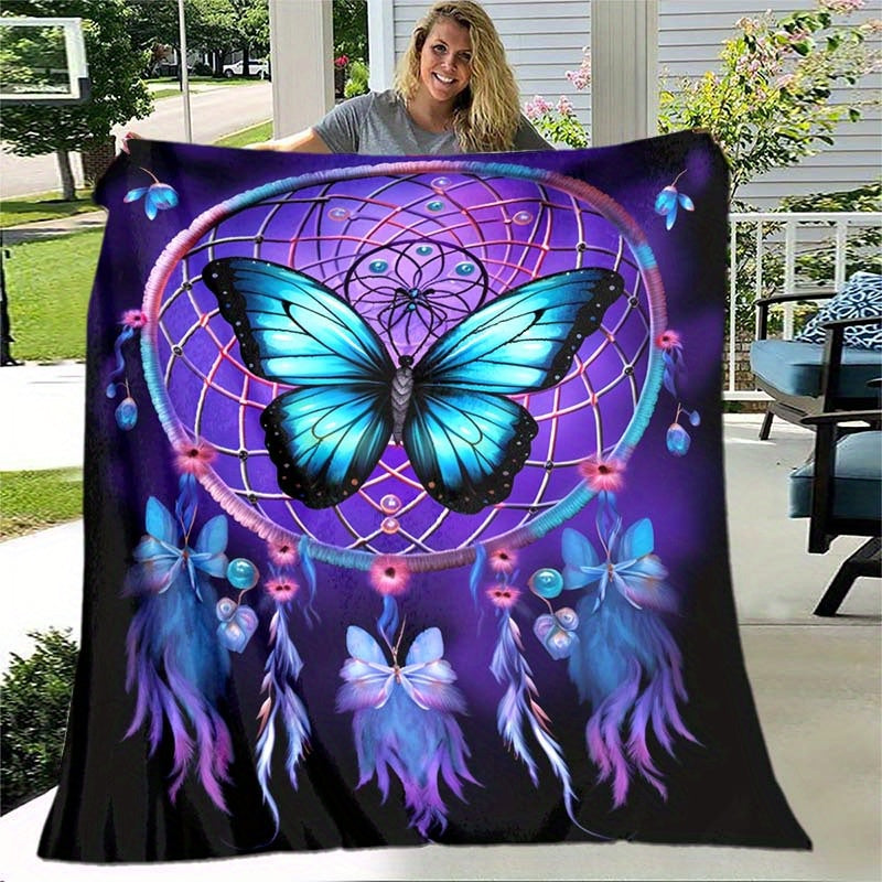 Get cozy with our 1pc Dreamy Purple Dreamcatcher Butterfly Blanket - a lightweight and soft flannel throw perfect for your sofa, bed, travel, camping, living room, office, couch, chair, and bed. This digital printing fleece blanket features a warm and