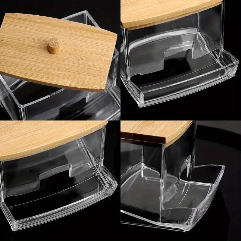 Polished plastic swab holder with wooden lid, great for bathroom storage. Lightweight, weather-independent, and no electricity needed. Capacity under 68.58 cm and <3.2 cubic feet.