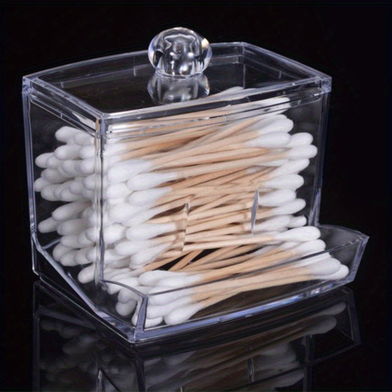 Polished plastic swab holder with wooden lid, great for bathroom storage. Lightweight, weather-independent, and no electricity needed. Capacity under 68.58 cm and <3.2 cubic feet.