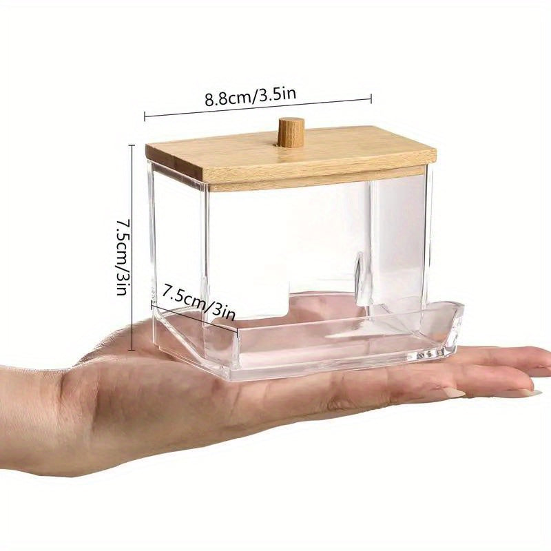 Polished plastic swab holder with wooden lid, great for bathroom storage. Lightweight, weather-independent, and no electricity needed. Capacity under 68.58 cm and <3.2 cubic feet.