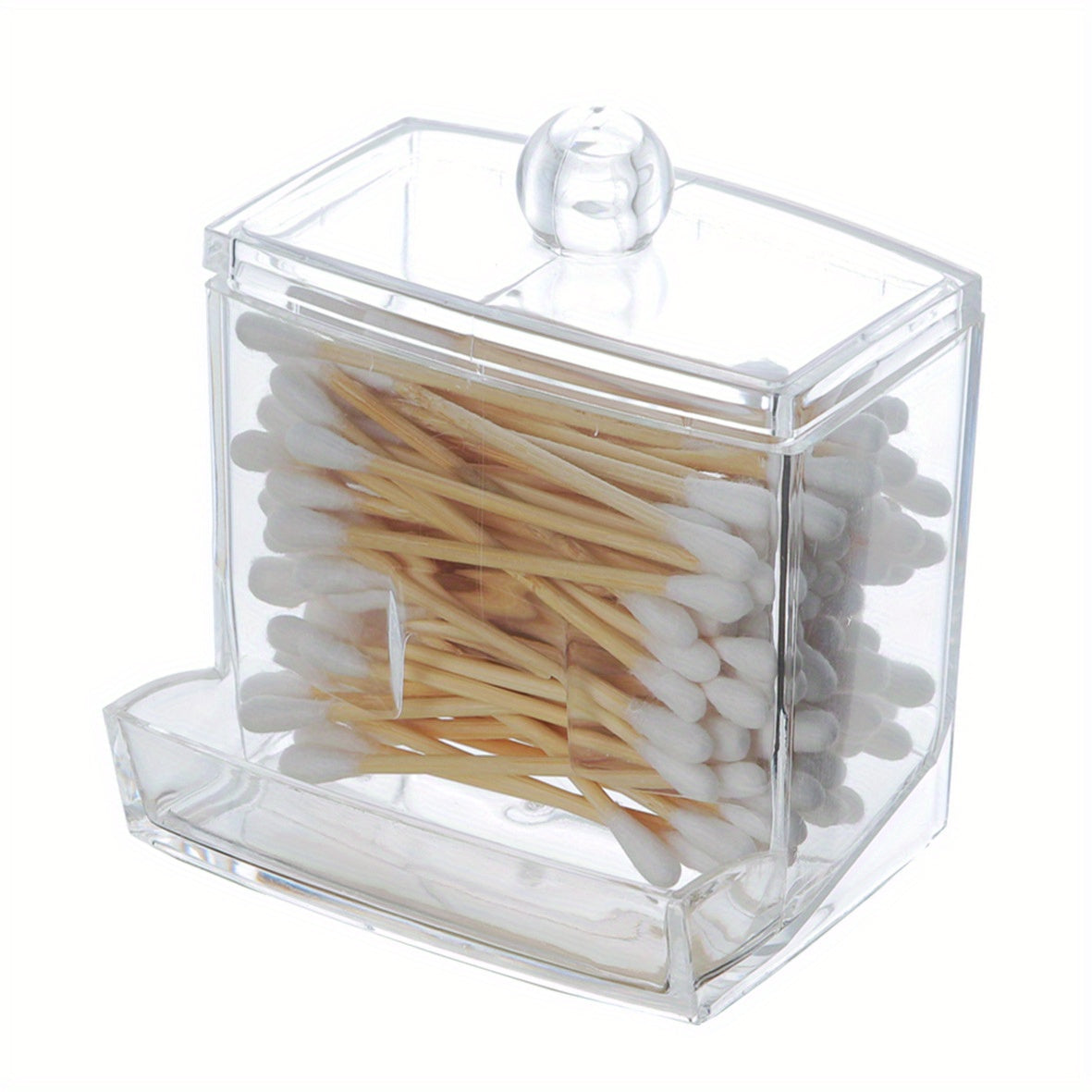 Polished plastic swab holder with wooden lid, great for bathroom storage. Lightweight, weather-independent, and no electricity needed. Capacity under 68.58 cm and <3.2 cubic feet.