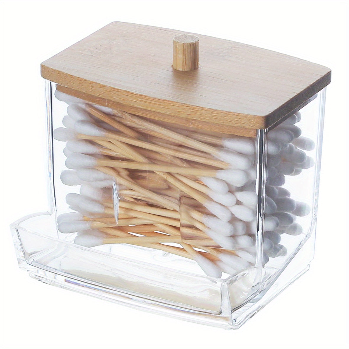 Polished plastic swab holder with wooden lid, great for bathroom storage. Lightweight, weather-independent, and no electricity needed. Capacity under 68.58 cm and <3.2 cubic feet.