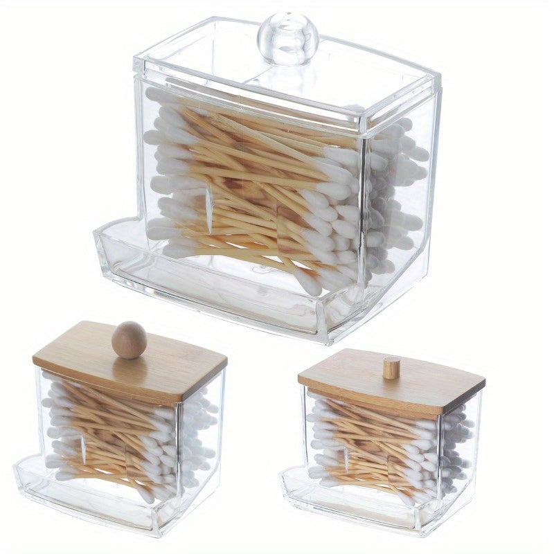 Polished plastic swab holder with wooden lid, great for bathroom storage. Lightweight, weather-independent, and no electricity needed. Capacity under 68.58 cm and <3.2 cubic feet.