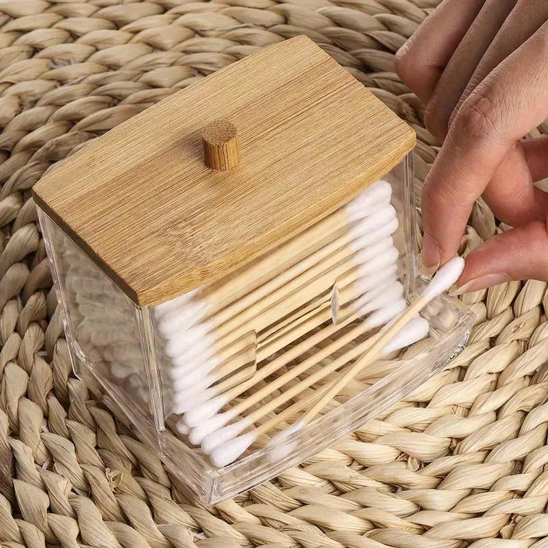 Polished plastic swab holder with wooden lid, great for bathroom storage. Lightweight, weather-independent, and no electricity needed. Capacity under 68.58 cm and <3.2 cubic feet.