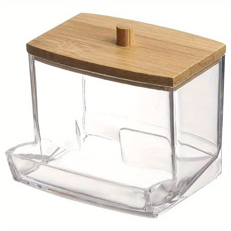 Polished plastic swab holder with wooden lid, great for bathroom storage. Lightweight, weather-independent, and no electricity needed. Capacity under 68.58 cm and <3.2 cubic feet.