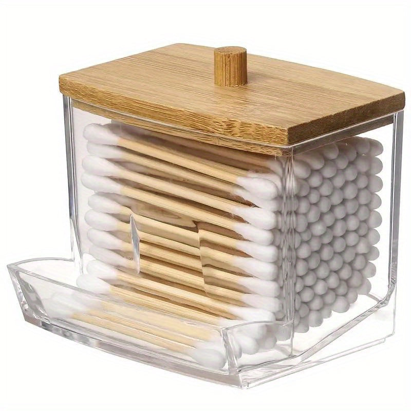 Polished plastic swab holder with wooden lid, great for bathroom storage. Lightweight, weather-independent, and no electricity needed. Capacity under 68.58 cm and <3.2 cubic feet.