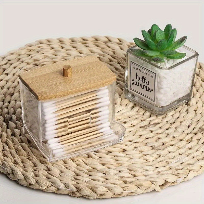 Polished plastic swab holder with wooden lid, great for bathroom storage. Lightweight, weather-independent, and no electricity needed. Capacity under 68.58 cm and <3.2 cubic feet.