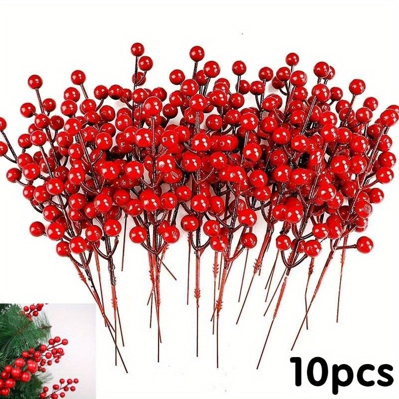 10pcs Vibrant Red Berry Picks - 21.46cm Artificial Cherry Branches with Green Leaves, Ideal for DIY Holiday Projects & Christmas Tree Decor.