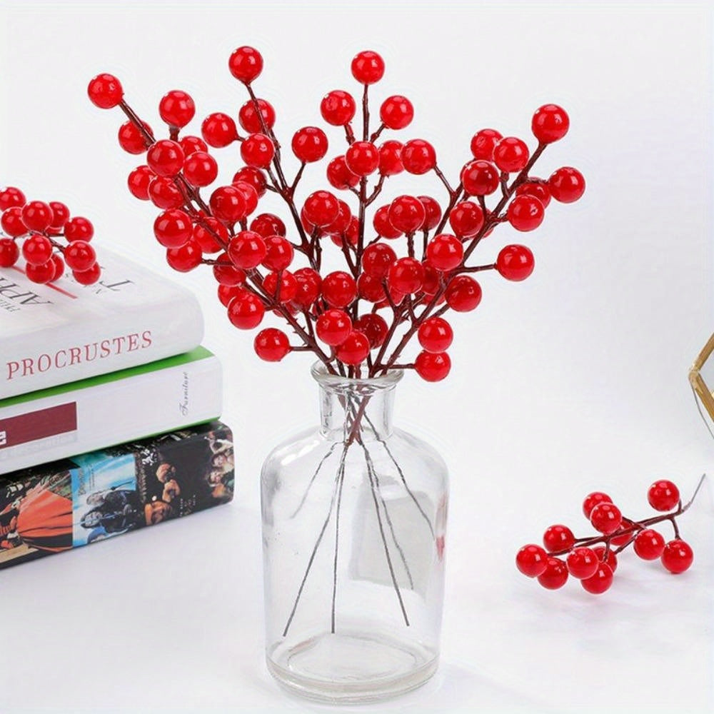 10pcs Vibrant Red Berry Picks - 21.46cm Artificial Cherry Branches with Green Leaves, Ideal for DIY Holiday Projects & Christmas Tree Decor.