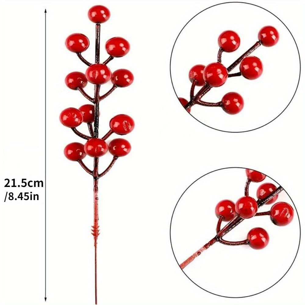 10pcs Vibrant Red Berry Picks - 21.46cm Artificial Cherry Branches with Green Leaves, Ideal for DIY Holiday Projects & Christmas Tree Decor.