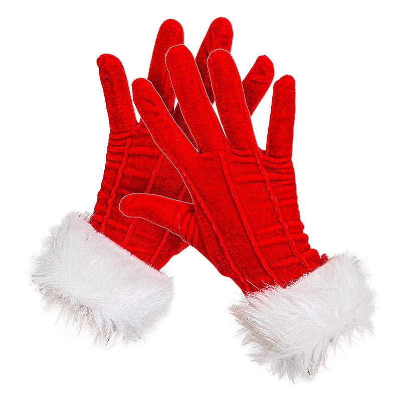 A set of holiday gloves in vibrant red velvet - perfect for adding a festive touch to your Christmas party outfit.