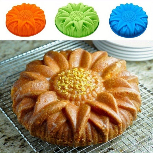 Large silicone sunflower-shaped pastry cake mold for baking, measuring 26.01 cm in random color - a kitchen accessory.