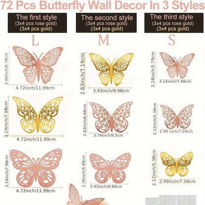 72 Golden & Rose Glitter 3D Butterfly Wall Stickers for Wedding, Birthday Party, Girls Bedroom - Lodge Style Cartoon Family Theme, Reusable, Self-Adhesive