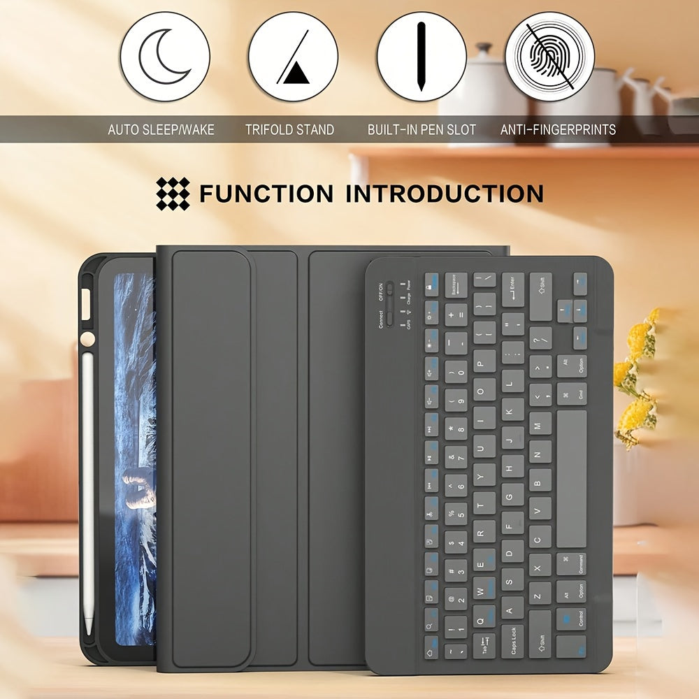 10th Gen iPad 27.69cm PU Leather Case with Wireless Keyboard, Pen Holder, Sleep/Wake Lid, Stand Cover, Type-C Charging, Black