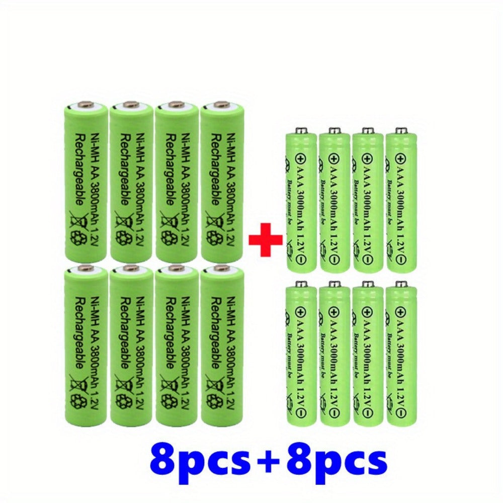 AA and AAA rechargeable batteries with 1.2V and high capacities: AA at 3800mAh and AAA at 3000mAh. Long-lasting alkaline power for toys, clocks, and outdoor solar lights.