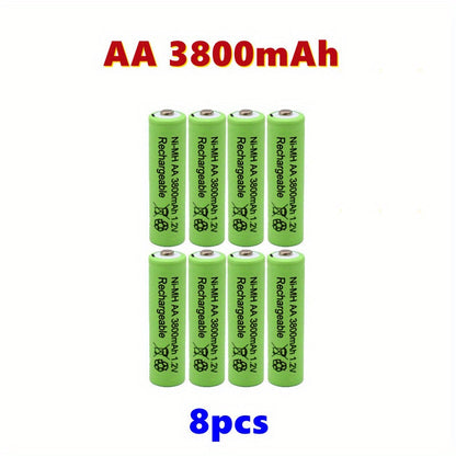 AA and AAA rechargeable batteries with 1.2V and high capacities: AA at 3800mAh and AAA at 3000mAh. Long-lasting alkaline power for toys, clocks, and outdoor solar lights.