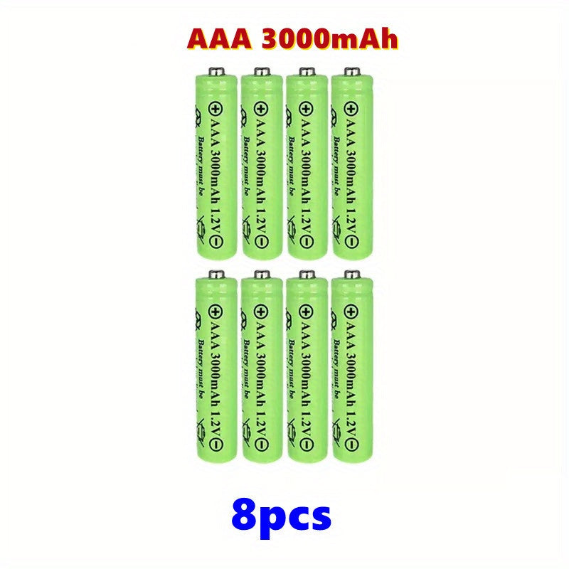 AA and AAA rechargeable batteries with 1.2V and high capacities: AA at 3800mAh and AAA at 3000mAh. Long-lasting alkaline power for toys, clocks, and outdoor solar lights.