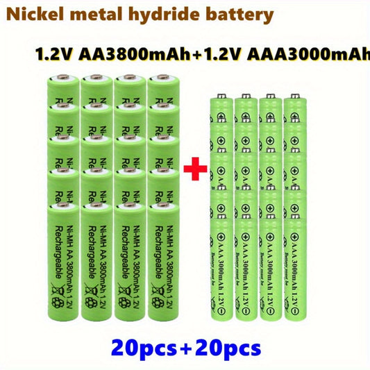 AA and AAA rechargeable batteries with 1.2V and high capacities: AA at 3800mAh and AAA at 3000mAh. Long-lasting alkaline power for toys, clocks, and outdoor solar lights.