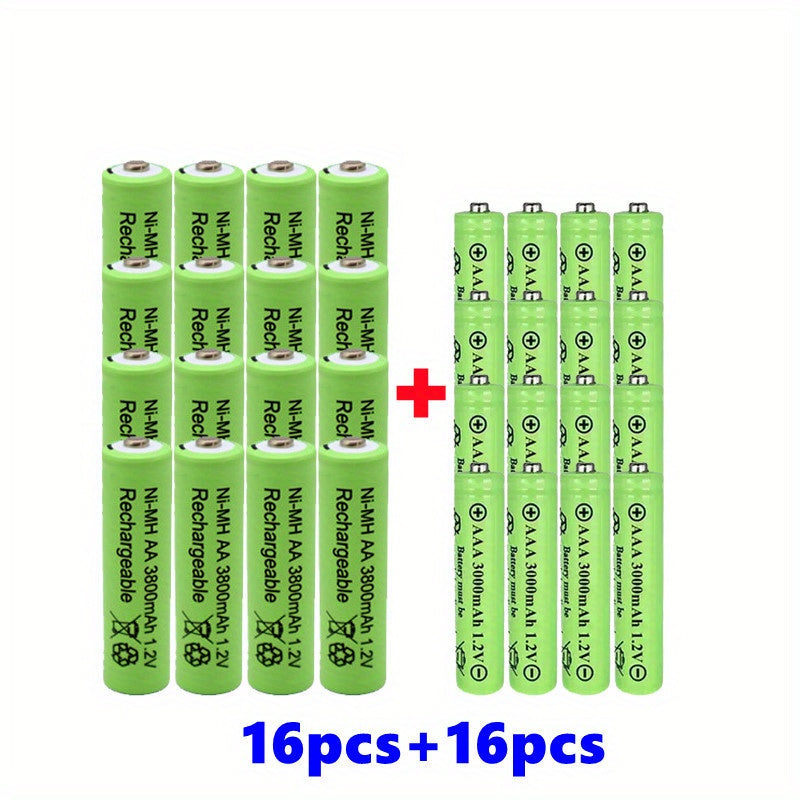 AA and AAA rechargeable batteries with 1.2V and high capacities: AA at 3800mAh and AAA at 3000mAh. Long-lasting alkaline power for toys, clocks, and outdoor solar lights.