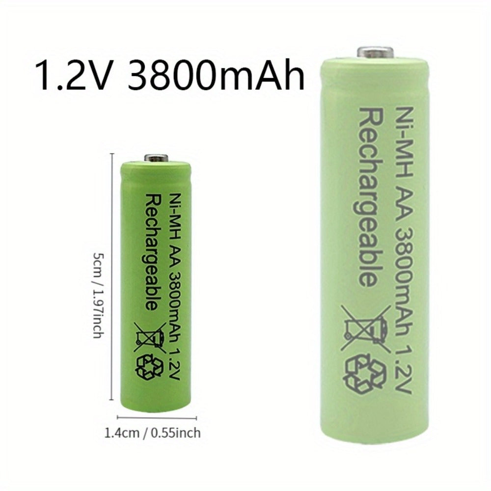 AA and AAA rechargeable batteries with 1.2V and high capacities: AA at 3800mAh and AAA at 3000mAh. Long-lasting alkaline power for toys, clocks, and outdoor solar lights.