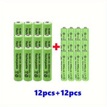 AA and AAA rechargeable batteries with 1.2V and high capacities: AA at 3800mAh and AAA at 3000mAh. Long-lasting alkaline power for toys, clocks, and outdoor solar lights.