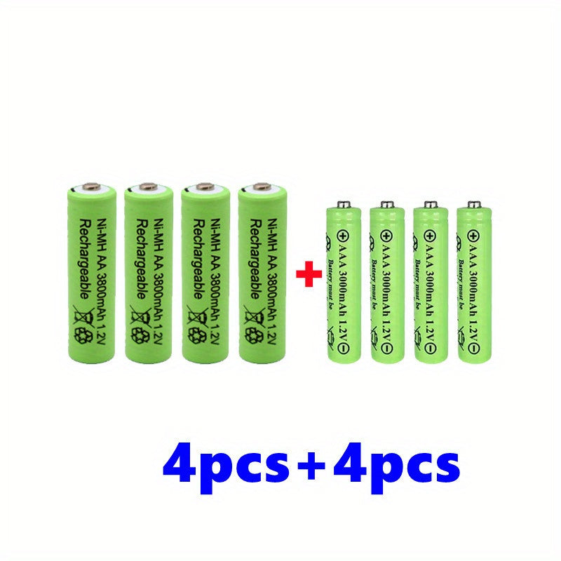 AA and AAA rechargeable batteries with 1.2V and high capacities: AA at 3800mAh and AAA at 3000mAh. Long-lasting alkaline power for toys, clocks, and outdoor solar lights.