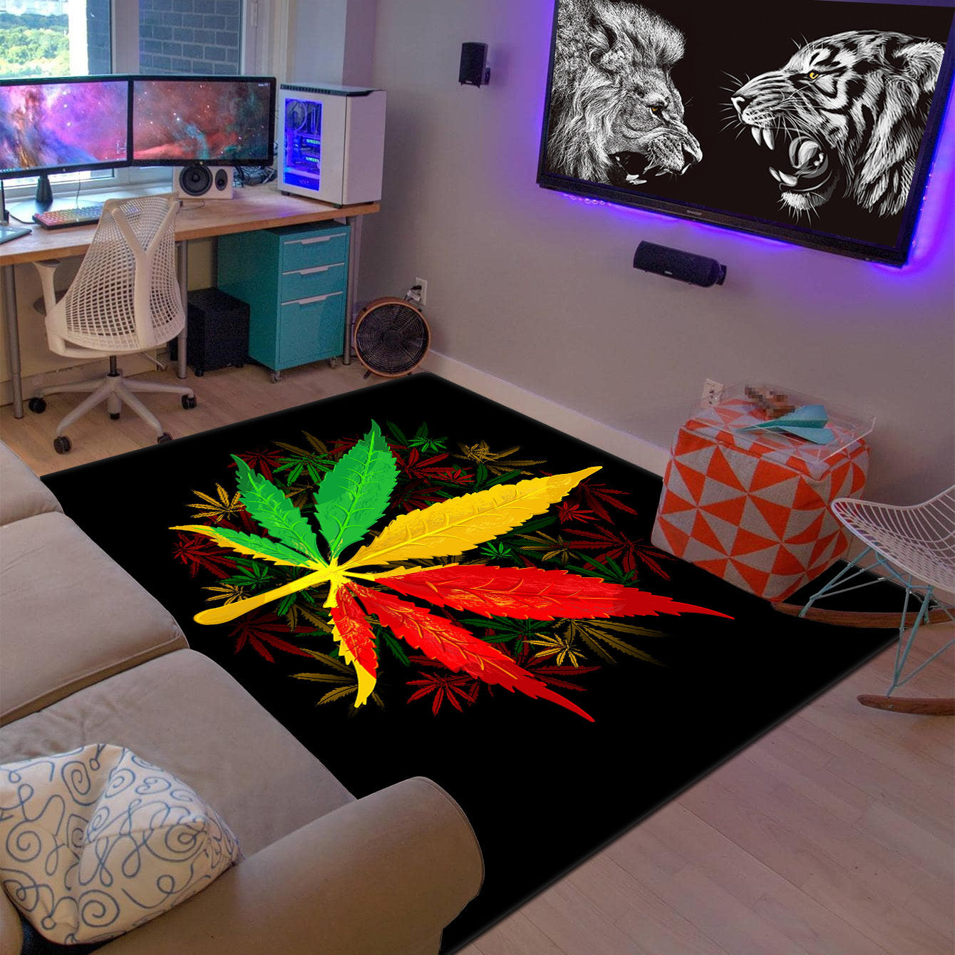 One Psychedelic Leaf Print Area Rug, Soft Plush with Anti-slip Backing, Stain Resistant and Machine Washable - Perfect for Living Room or Bedroom as Home or Room Decor