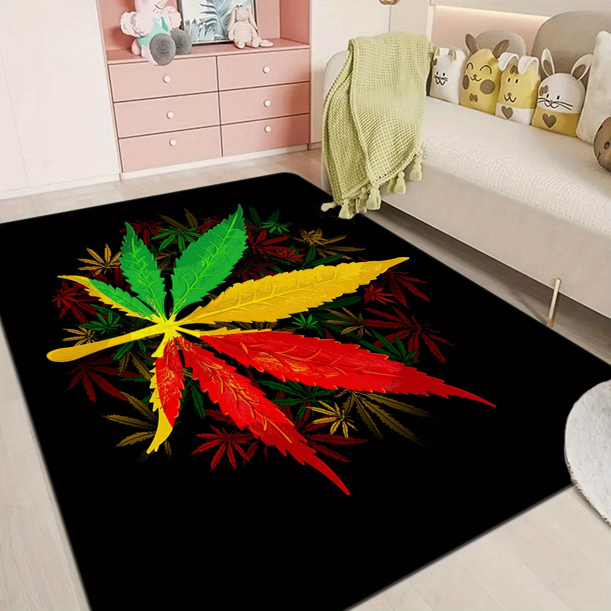 One Psychedelic Leaf Print Area Rug, Soft Plush with Anti-slip Backing, Stain Resistant and Machine Washable - Perfect for Living Room or Bedroom as Home or Room Decor