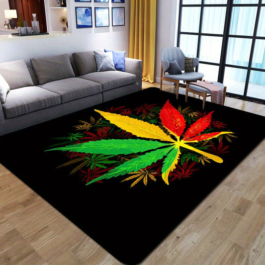 One Psychedelic Leaf Print Area Rug, Soft Plush with Anti-slip Backing, Stain Resistant and Machine Washable - Perfect for Living Room or Bedroom as Home or Room Decor