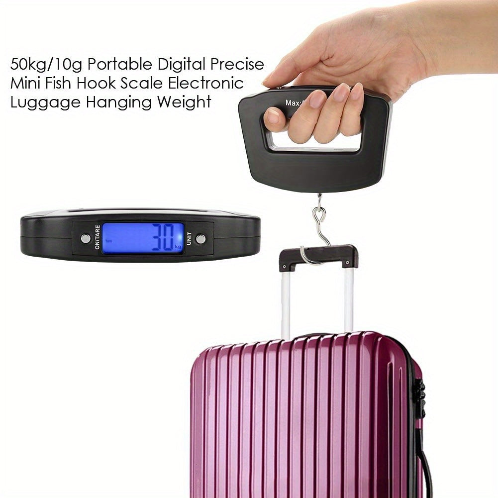 Handheld digital luggage scale with backlit display. Plastic material, commute style, wipe clean. Battery powered (batteries not included). Safe for use with voltage ≤36V.