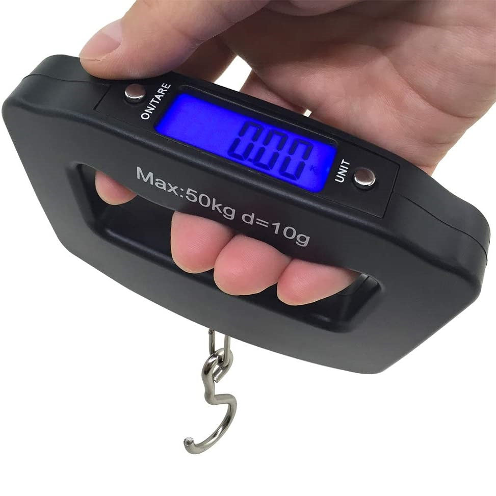 Handheld digital luggage scale with backlit display. Plastic material, commute style, wipe clean. Battery powered (batteries not included). Safe for use with voltage ≤36V.