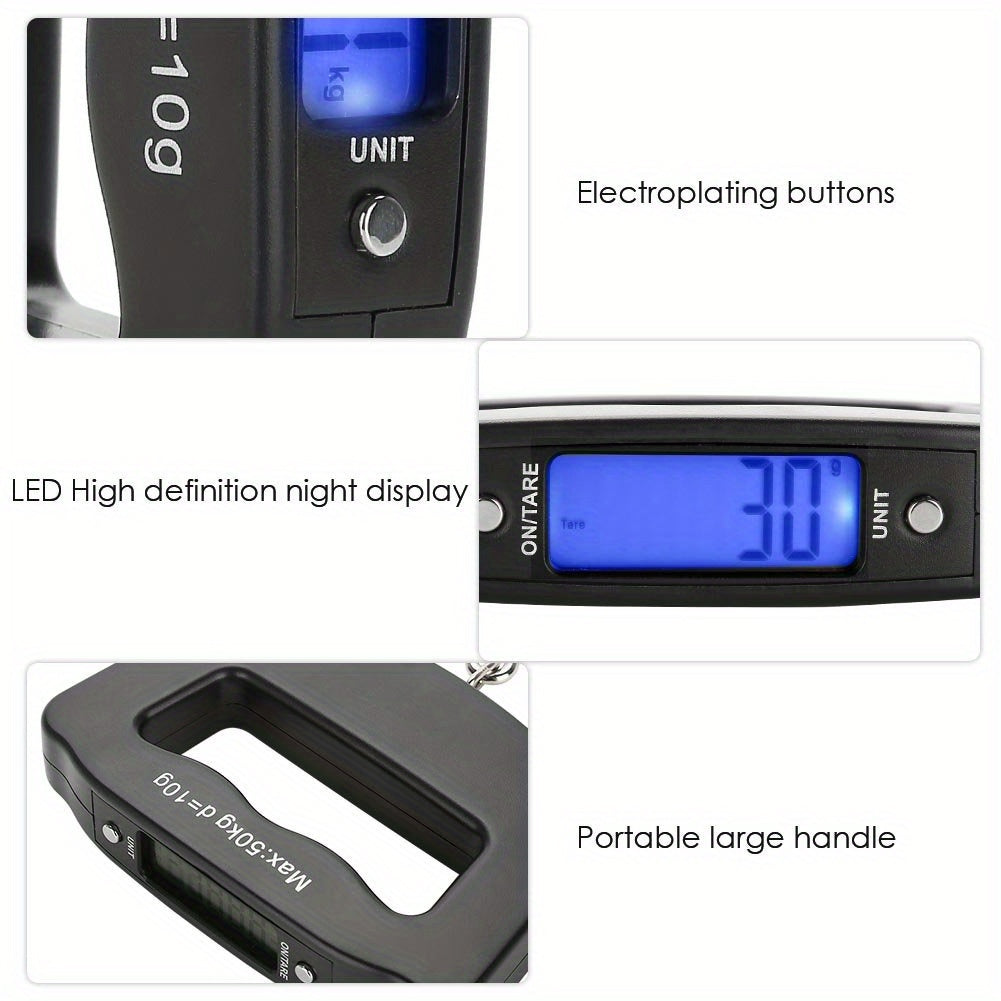 Handheld digital luggage scale with backlit display. Plastic material, commute style, wipe clean. Battery powered (batteries not included). Safe for use with voltage ≤36V.