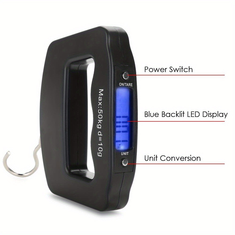 Handheld digital luggage scale with backlit display. Plastic material, commute style, wipe clean. Battery powered (batteries not included). Safe for use with voltage ≤36V.