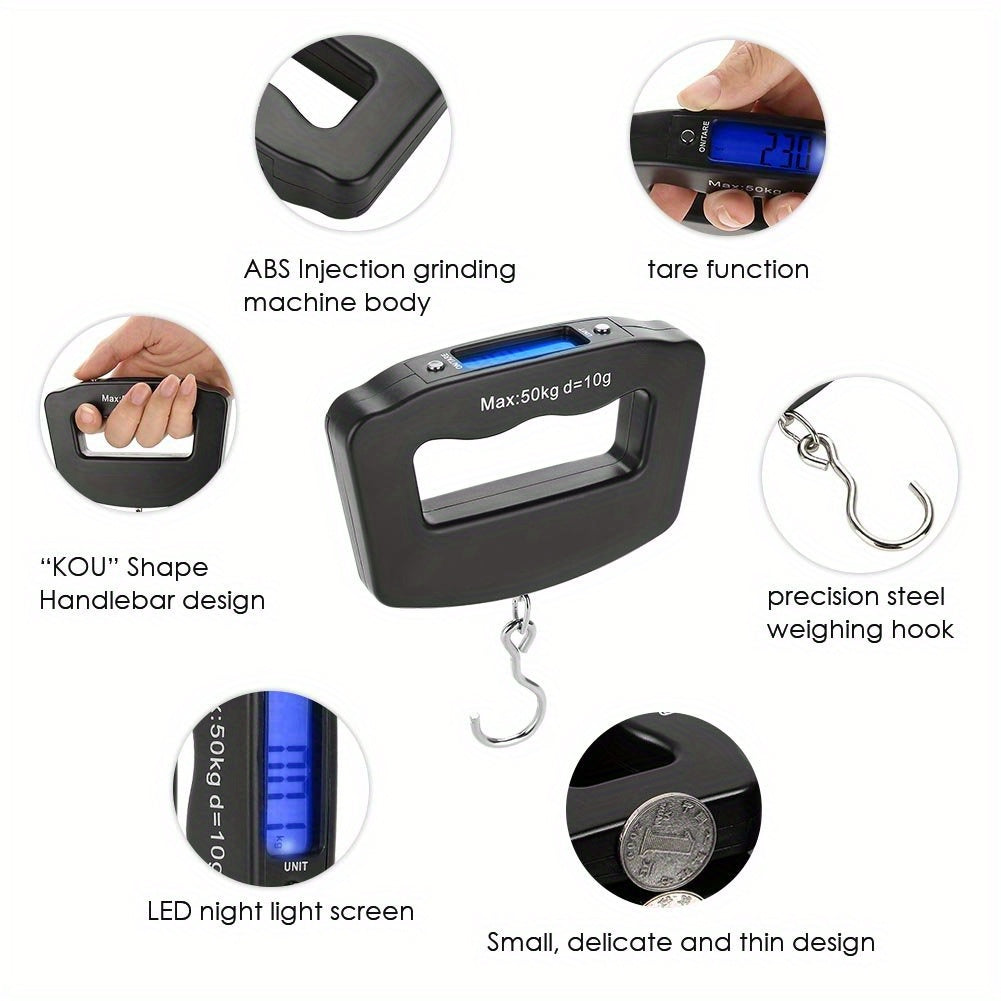 Handheld digital luggage scale with backlit display. Plastic material, commute style, wipe clean. Battery powered (batteries not included). Safe for use with voltage ≤36V.