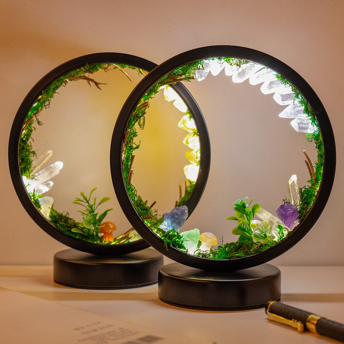 Rechargeable quartz forest nightlight for bedside or desk décor.