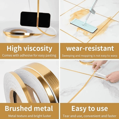 1 Roll Brushed Golden Silvery Floor Edging, 50m, Waterproof Seam Wall Stickers, Self-Adhesive Resin Tile Tape for Home Decoration.