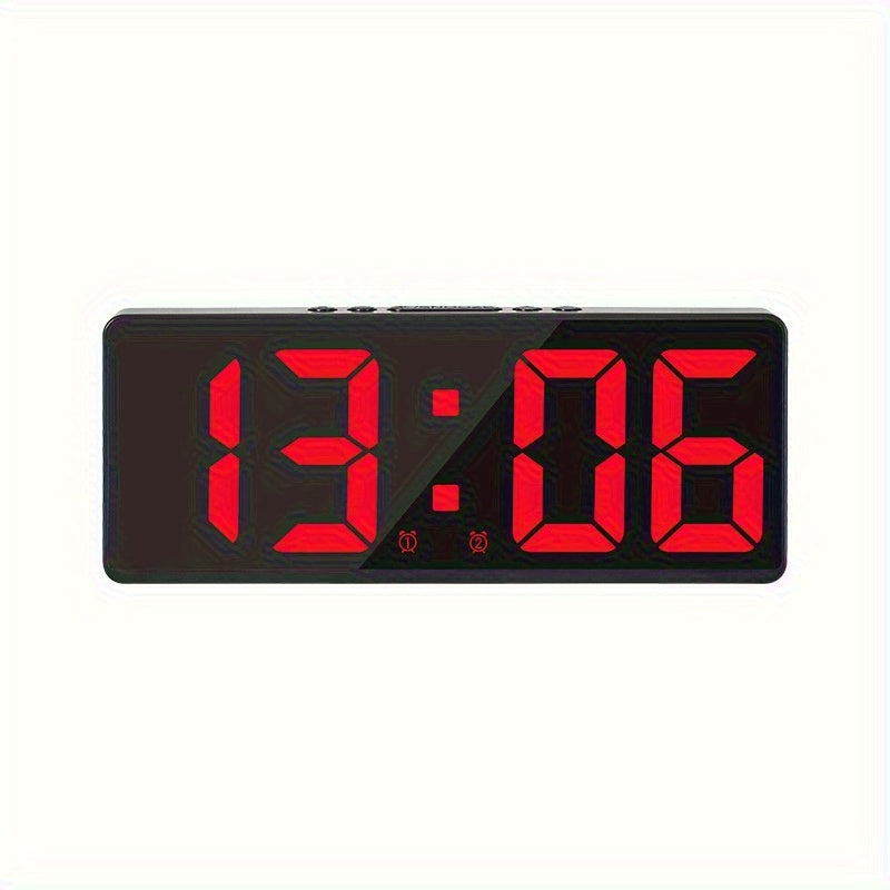 Digital LED alarm clock with temperature display, 12/24 hours, snooze mode, USB or AAA power supply, for bedroom and living room use.