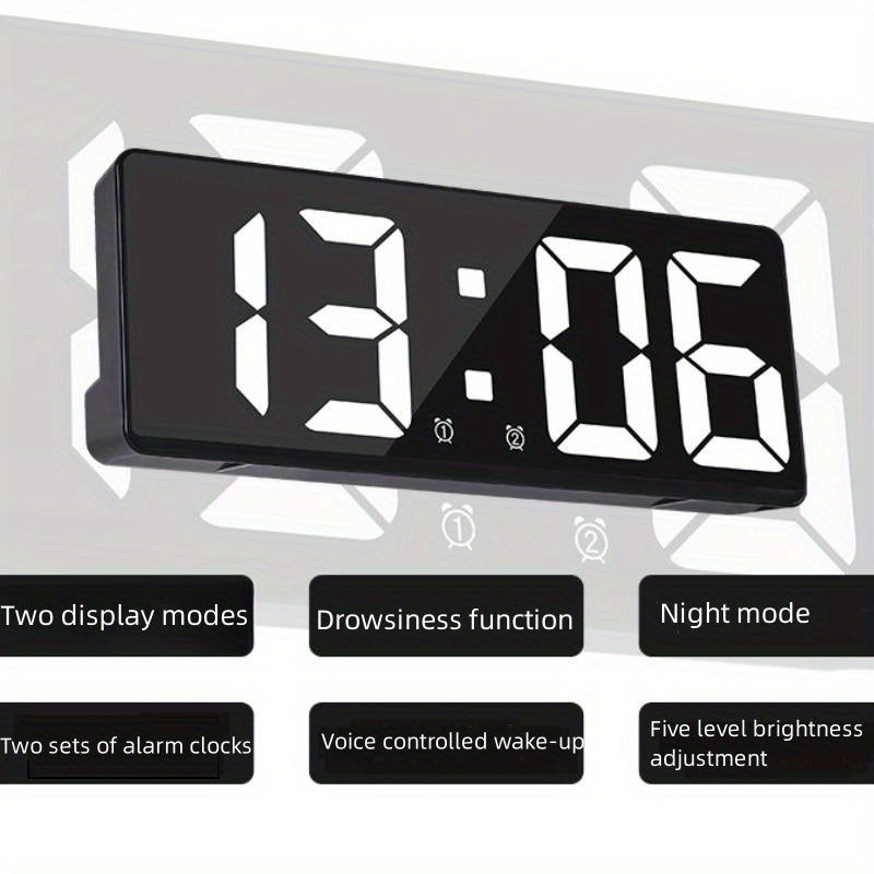 Digital LED alarm clock with temperature display, 12/24 hours, snooze mode, USB or AAA power supply, for bedroom and living room use.